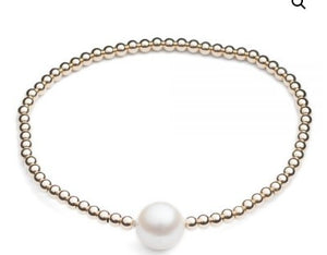 Elastic Bracelet With 3mm Non-Tarnish Gold-Plated Metal Beads & Single Large Pearl