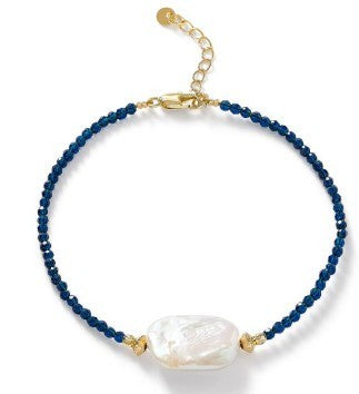 Blue Crystal Bracelet With Central Oblong Pearl