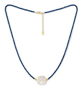 Blue Crystal Necklace With Central Oblong Pearl And Gold Beads