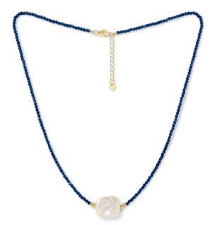 Blue Crystal Necklace With Central Oblong Pearl And Gold Beads
