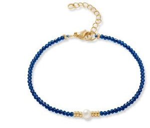Blue Spinel Bracelet With Single Pearl & Gold Filled Beads