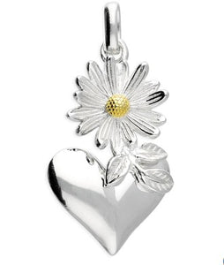 Sterling Silver 2-Tone Daisy with Silver Heart Pendant and Chain