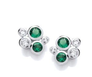 Silver & Emerald Cubic Zirconia Bubble Cluster Earrings