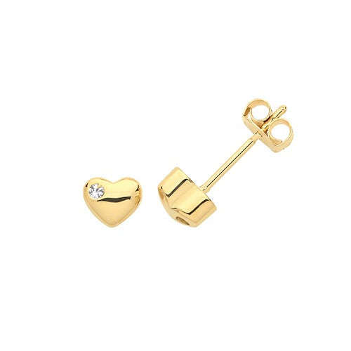 9 Carat Yellow Gold Heart With Single Cubic Zirconia Stud Earrings