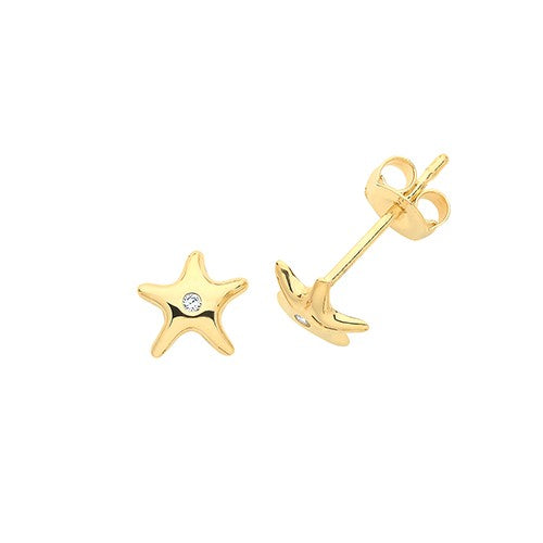 9 Carat Yellow Gold Starfish With Single Cubic Zirconia Stud Earrings