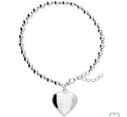 Sterling Silver Beads With Puffed Heart Anklet