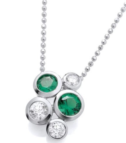 Silver & Emerald Cubic Zirconia Bubble Cluster Pendant & Chain