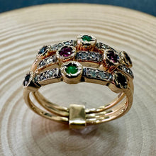 Load image into Gallery viewer, Pre-loved, Emerald, Ruby, Sapphire &amp; Diamond 3 Row Ring
