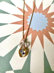 Preloved 9ct 2 Colour Sapphire & Diamond Fleur De Lis Pendant & Chain