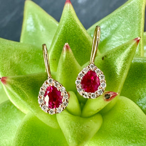 9ct Gold Ruby & Diamond Cluster Halo Drops