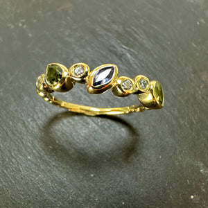 9ct Yellow Gold Tanzanite, Peridot & Diamond Staggered Ring