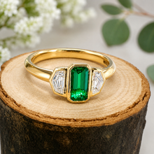 Load image into Gallery viewer, 18ct Yellow Gold Emerald &amp; Trap Cut Diamond Ring

