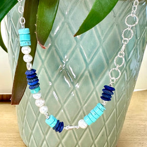 Sterling Silver Lapis, Turquoise & Freshwater Pearl Necklace