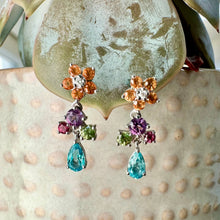 Load image into Gallery viewer, Preloved 18ct White Gold Colourful Mixed Stone Flower Drop Earrings
