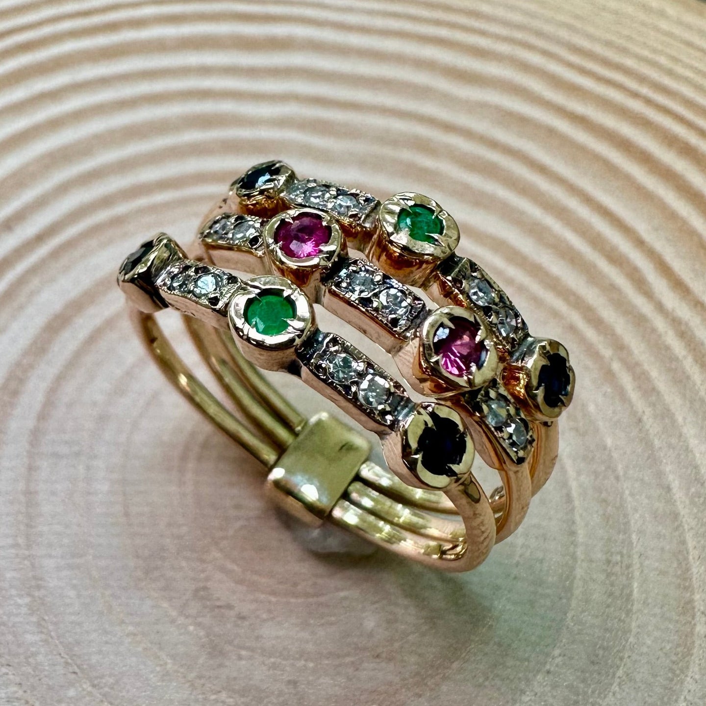 Pre-loved, Emerald, Ruby, Sapphire & Diamond 3 Row Ring