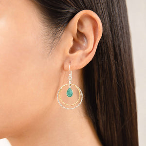Two Tone Hoop Earrings with Teardrop Jade