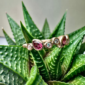9ct Gold Rhodolite Garnet & Diamond Staggered Ring