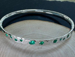 Handmade Sterling Silver Hammered Emerald Bangle