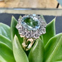 Load image into Gallery viewer, Preloved 18ct Yellow Gold Aquamarine and Diamond Halo Ring
