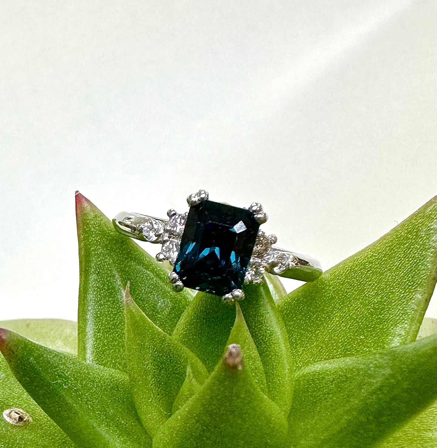 Platinum Blue/Teal Spinel and Diamond Ring