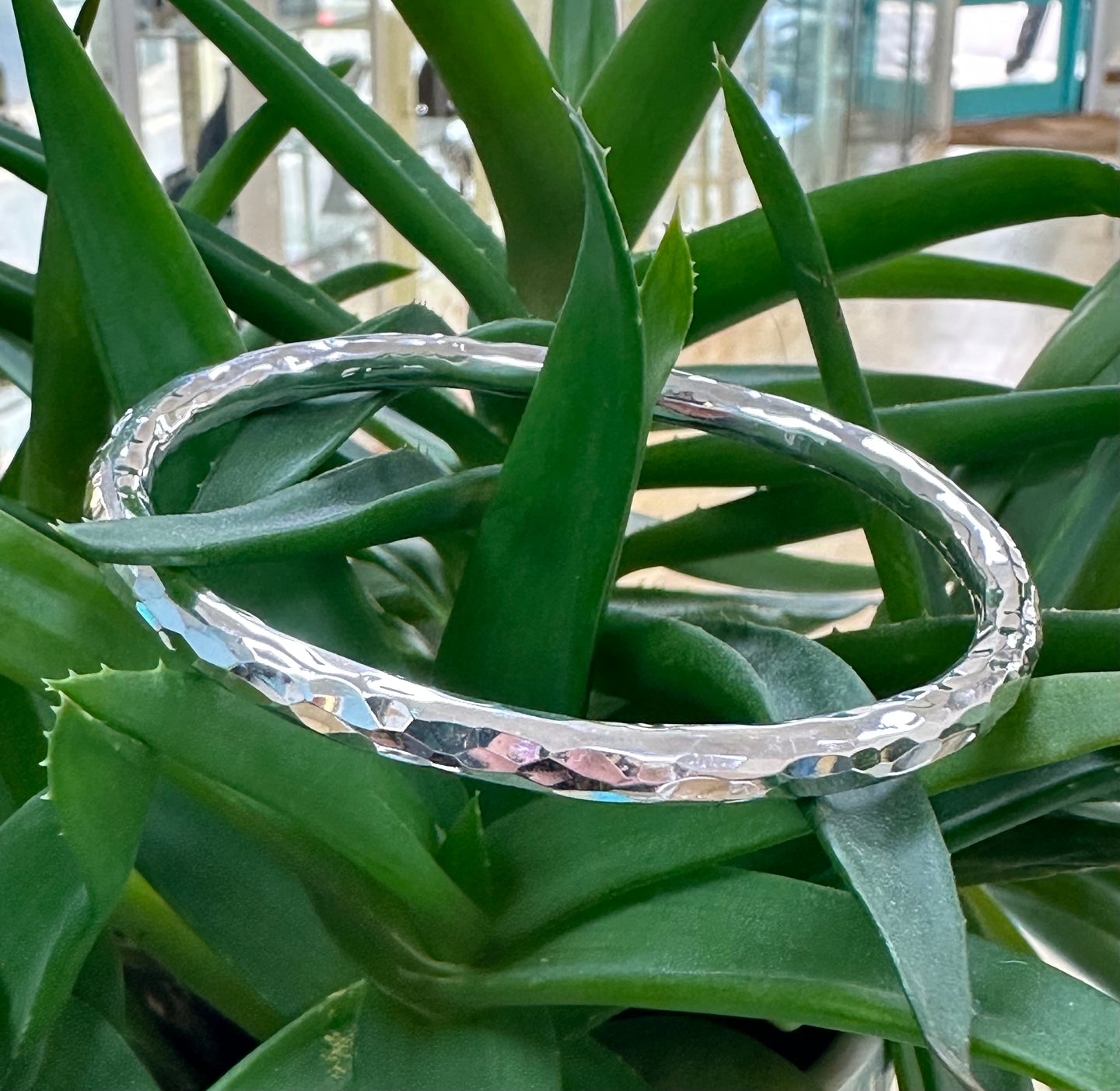 Handmade Sterling Silver Round Wire Hammered Bangle