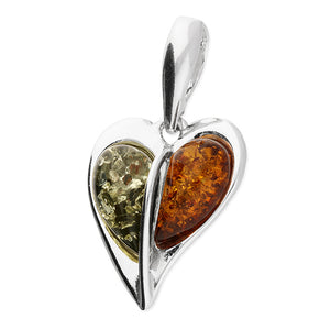 Sterling Silver Two-Colour Amber Heart Pendant and Chain