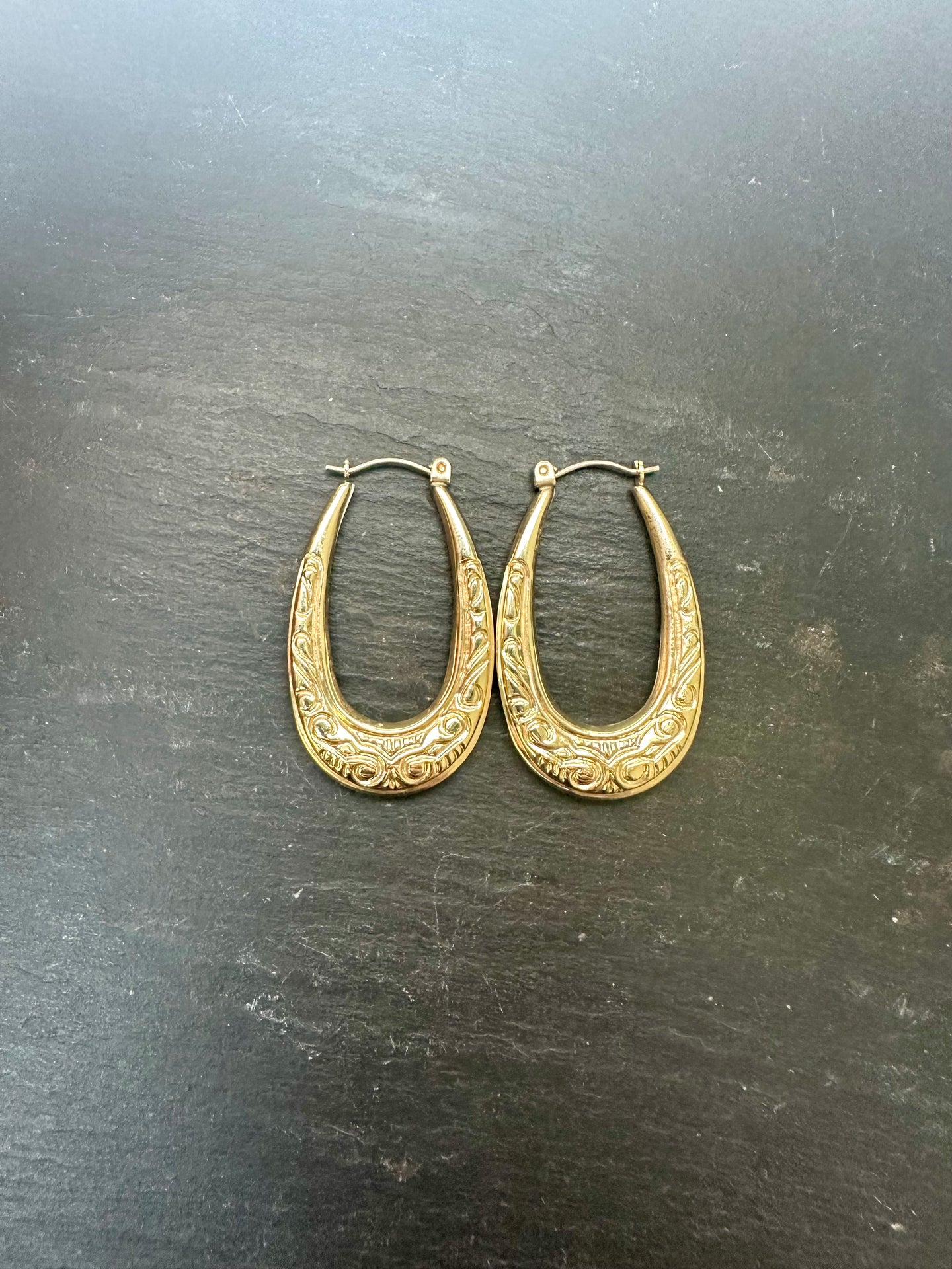 Preloved 9ct Yellow Gold Patterned Creole Hoop Earrings