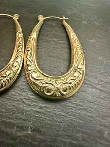 Preloved 9ct Yellow Gold Patterned Creole Hoop Earrings
