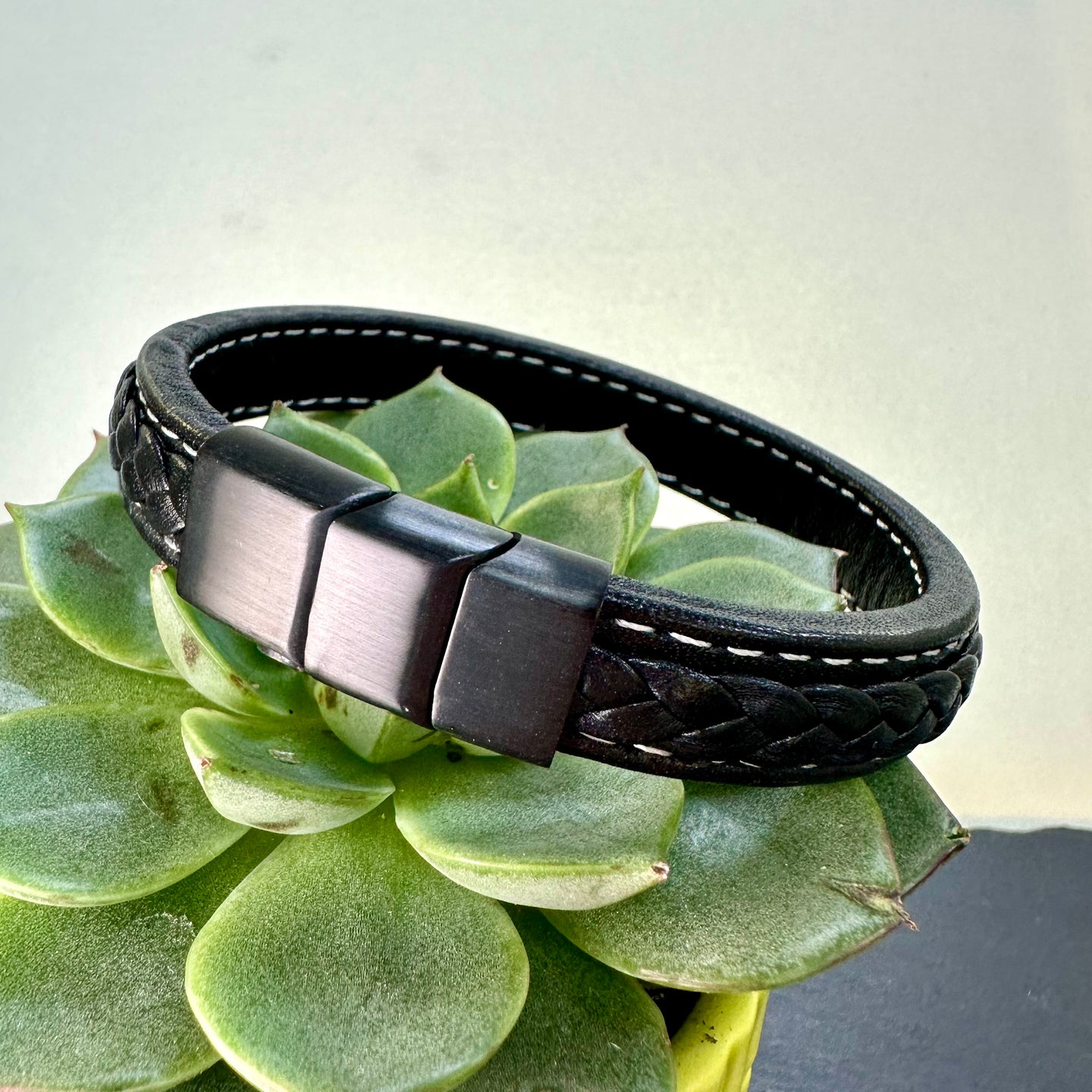 Black Steel & Leather Bracelet