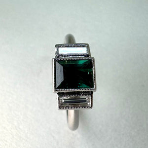 Platinum Baguette Cut Spinel & Diamond 3 Stone Ring