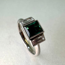 Load image into Gallery viewer, Platinum Baguette Cut Spinel &amp; Diamond 3 Stone Ring
