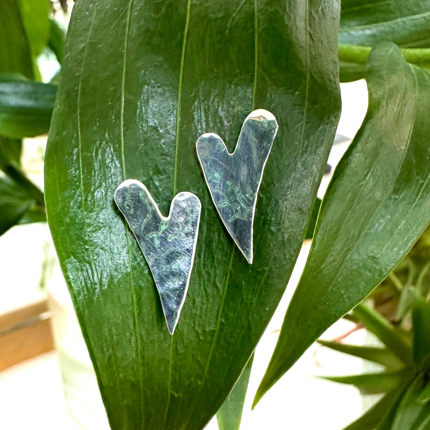 Handmade Long Hammered Heart Studs Large