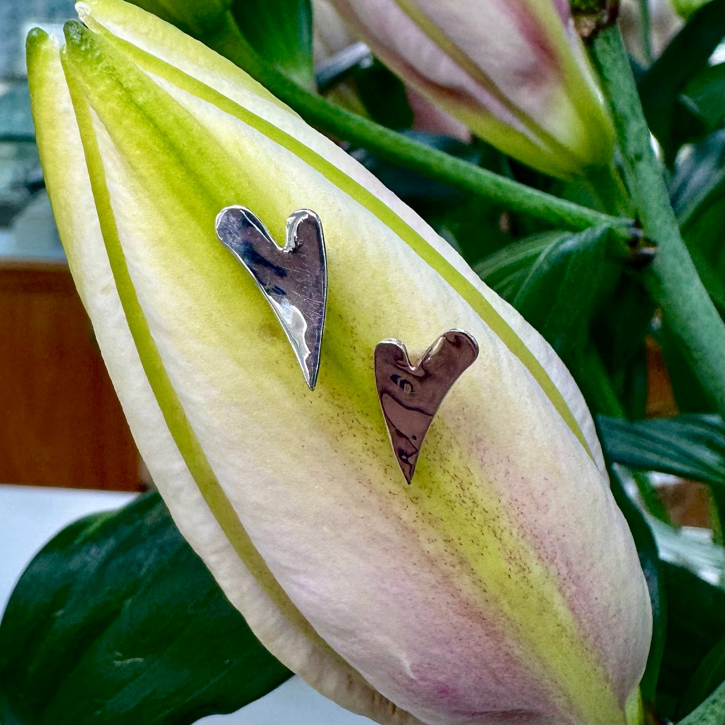 Handmade Long Hammered Heart Studs Small