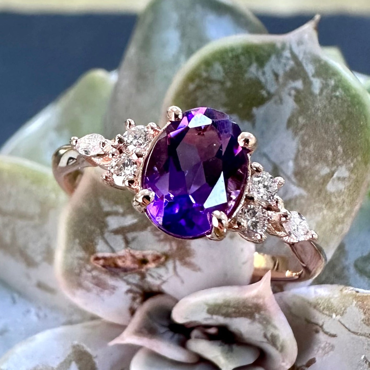 9ct Rose Gold Amethyst Diamond Ring