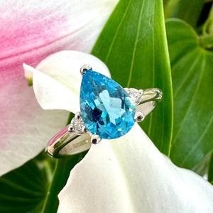 White Gold Pear Shaped Blue Topaz & Diamond Ring