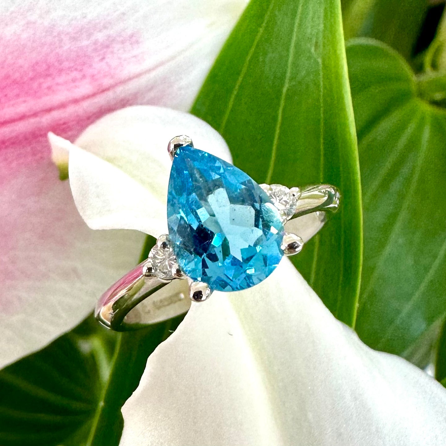 White Gold Pear Shaped Blue Topaz & Diamond Ring