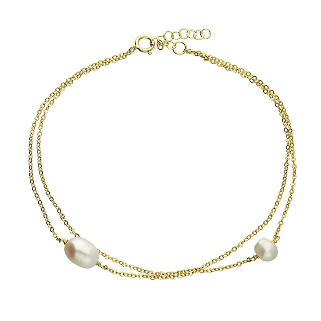 Gold Plated Sterling Silver Double Pearl Anklet