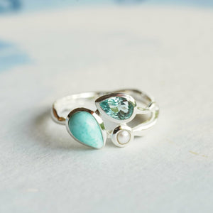 Larimar, Blue Topaz and Freshwater Pearl Trio Ring