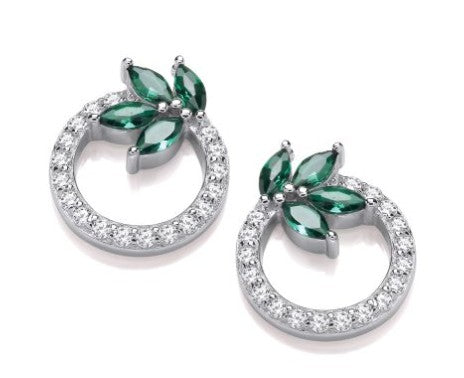 Silver & Emerald Cubic Zirconia Leaf Earrings