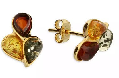 Sterling Silver Yellow Gold-Plated Mixed Amber Triple Teardrop Stud Earring
