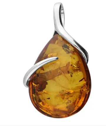 Sterling Silver Cognac Amber Teardrop & Wrap Around Tendril Pendant & Chain