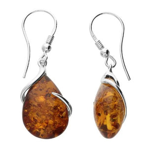 Sterling Silver Cognac Amber Teardrop & Wrap Around Tendril Hook Drop Earring