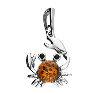 Sterling Silver Cognac Amber Cute Crab Pendant & Chain
