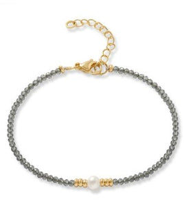 Grey Spinel Bracelet With Single Pearl & Gold Filled Beads