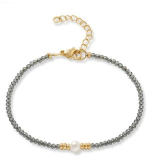 Grey Spinel Bracelet With Single Pearl & Gold Filled Beads