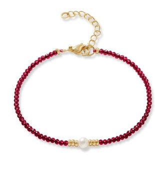 Red Spinel Bracelet With Single Pearl & Gold Filled Beads