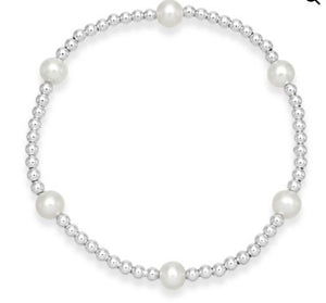 Non-tarnish silver bead & pearl elastic bracelet