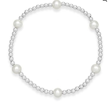 Non-tarnish silver bead & pearl elastic bracelet