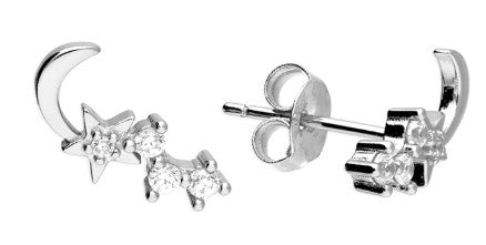 Sterling Silver Cubic Zirconia Moon And Star Climber Stud Earrings