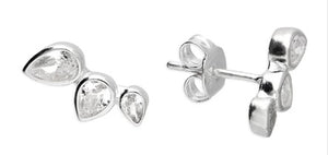 Sterling Silver Triple Cubic Zirconia Teardrop Climber Stud Earrings